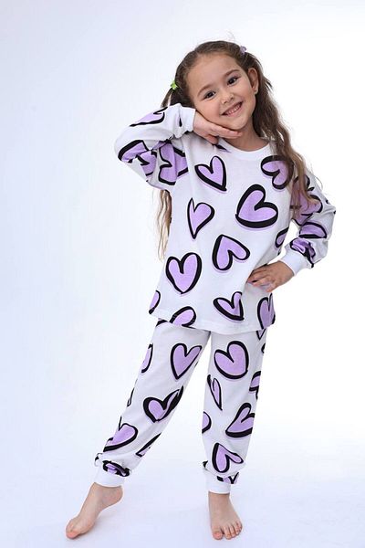 Pajama Shop Girl's 100% Cotton White Color Purple Heart Patterned Long Sleeve Winter Pajama Set