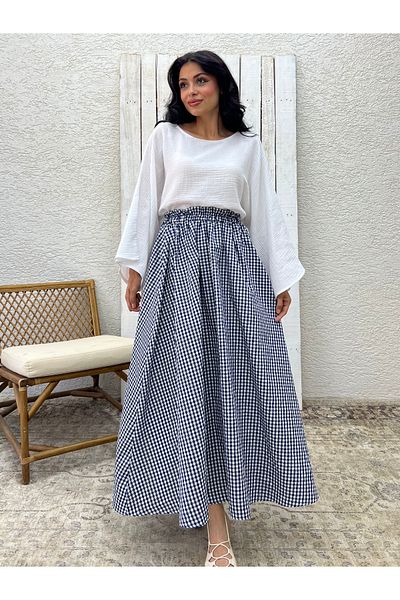 KÜÇÜĞÜM BUTİK Fusta poplin evazată Gingham bleumarin
