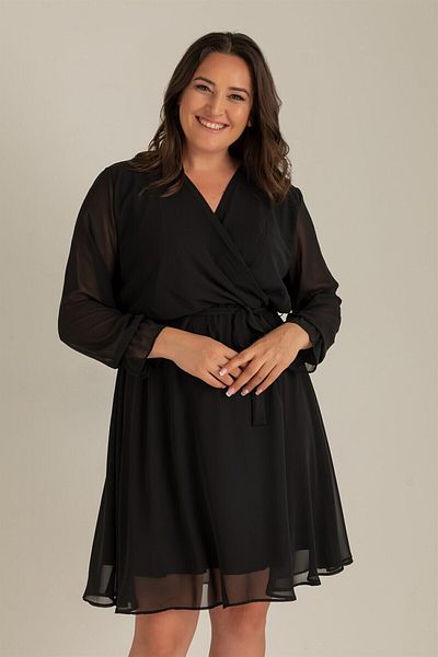 thezkscom Black Double-breasted Collar Short Lined Plus Size Chiffon Dress