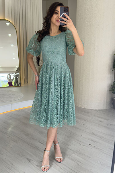 thezkscom Kadın Balon Kol Simli Kloş Midi Boy Abiye Elbise Su Yeşili, Siyah