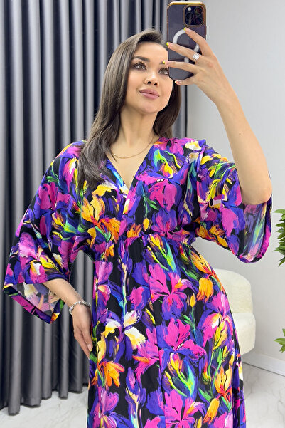 thezkscom Γυναικείο καλοκαιρινό φόρεμα με μωβ λουλούδια από βισκόζη