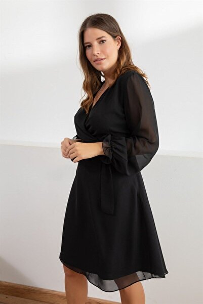 thezkscom Black Double-breasted Collar Plus Size Lined Chiffon Dress