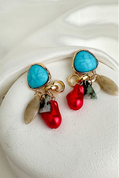 Modex Turquoise Stone Red Inside Detail Dangle Earrings (6cm)