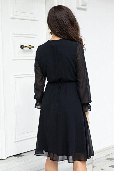thezkscom Black Double-breasted Collar Chiffon Plus Size Dress