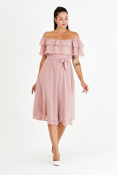 thezkscom Madonna Collar Powder Chiffon Lined Belted Plus Size Dress
