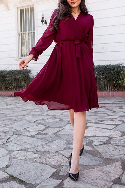 thezkscom Burgundy Double Breasted Collar Chiffon Plus Size Dress