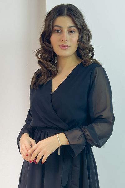 thezkscom Black Long Double Breasted Collar Chiffon Plus Size Dress