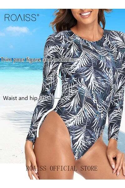 ROAISS Women Backless One Piece Swimsuit Round Neck Short Beachwear Ladies Long Sleeved Surfing Wetsuit