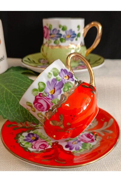 BY.RAYKA PORSELEN El Dekor Saray Porcelain Hand Painting Set of 2 Coffee Cups