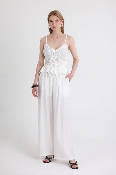 Rays White Ruffled Strap Blouse and Wide Leg Pants Set 5216