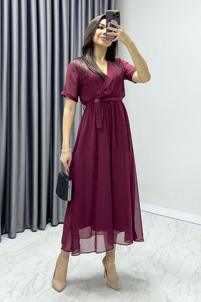 thezkscom Short Sleeve Lined Plus Size Chiffon Dress Black, Burgundy, Khaki, White, Green, Flower Pot, Red, Purple