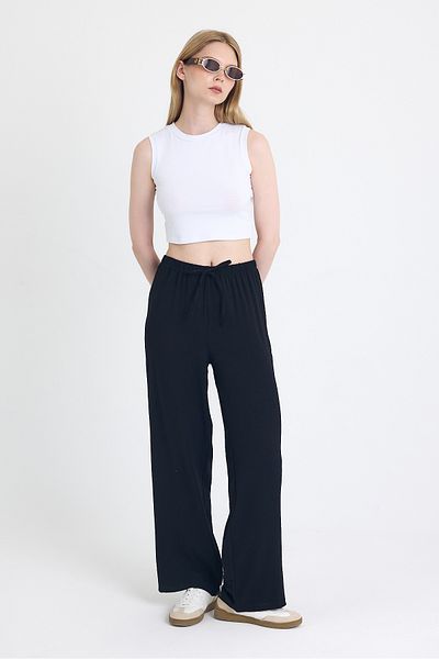 Rays Black Elastic Waist Wide Leg Woven Trousers 4284-1
