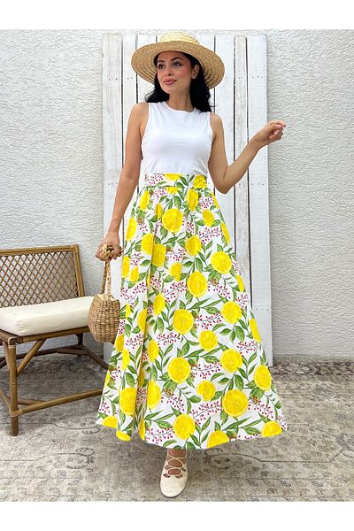 KÜÇÜĞÜM BUTİK Fusta evazată din poplin cu model de lămâie