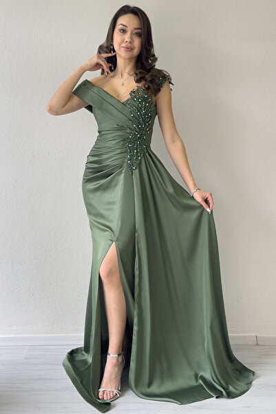 thezkscom Γυναικείο βραδινό φόρεμα με κορδόνι με κορδόνι με σχισμή φούξια, πούδρα, χακί, σαξ, σμαραγδί πράσινο