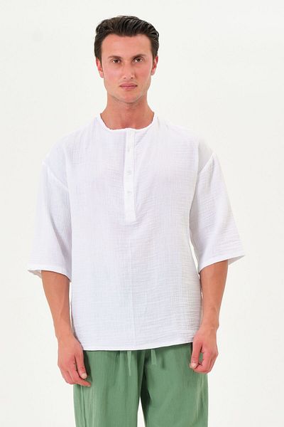 RELAXL 100% Cotton Natural Muslin Oversize Lapel Collar White Shirt Poor Sleeve