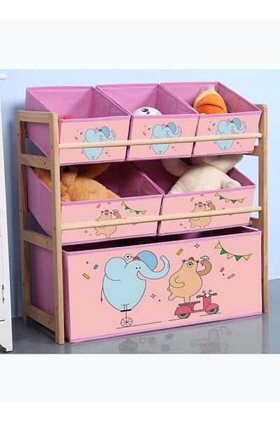 Saharaz Solid Wood Toy Organizer,Little Elephant,with 6 Toy Storage Bins, Books and Clothes,64 x 28 x 60cm