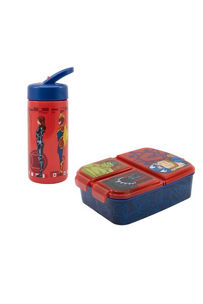 AVENGERS Set of 410 ml Water Bottle and Sandwich Box, Multi-compartment, Multicolor, Plastic, BPA Free,