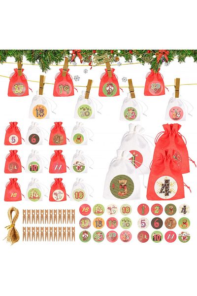 Gxhong Set of 24 bags with stickers and clips for Gxhong advent calendar, multicolor, jute/paper/wood