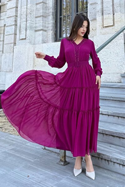 lodmela Φόρεμα σιφόν με κέντημα με λαιμόκοψη V με κορδόνι και λεπτομέρεια ζώνης 6036-Fuchsia