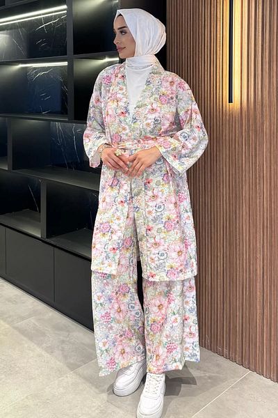 julude Pink Floral Patterned Kimono Trousers Hijab Double Set