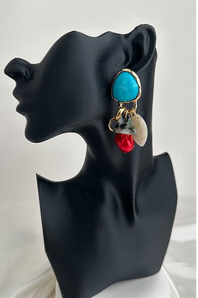 Modex Turquoise Stone Red Inside Detail Dangle Earrings (6cm)