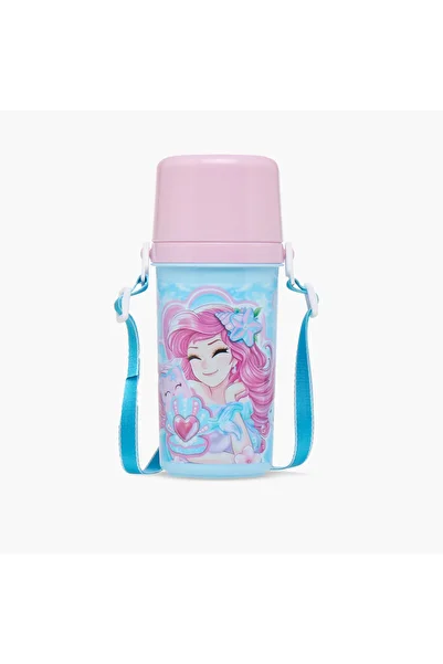 minmie Mermaid Print Water Bottle with Detachable Strap and Screw Lid - 450 ml