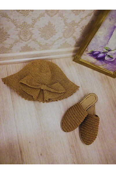 Annima Handmade Kadın Boho Yaz Seti – Örgü Şapka ve Hasır Terlik Seti