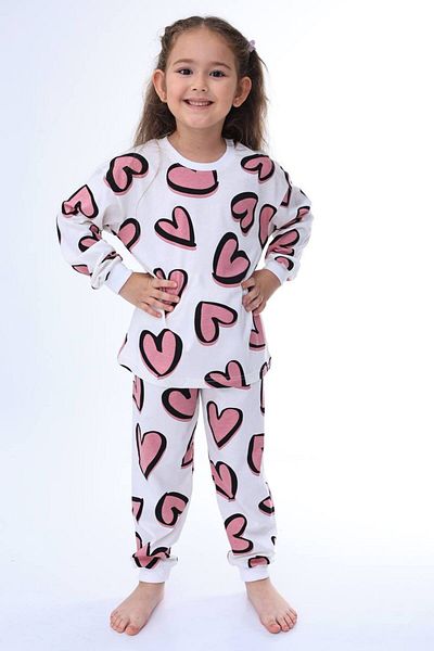 Pajama Shop Girls' 100% Cotton White Color Pink Heart Patterned Long Sleeve Winter Pajama Set