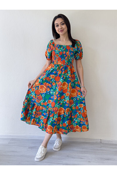 thezkscom Kadın Çiçek Desenli Göğüs Gipeli Midi Boy Yazlık Elbise Mavi, Turuncu