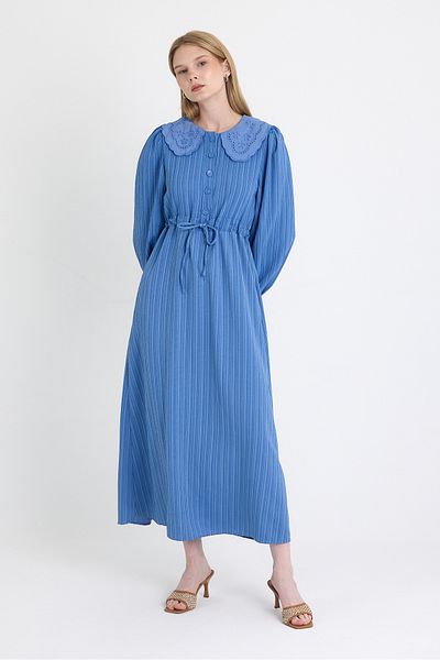 Rays Blue Fisto Detailed Wide Neckline Belted Striped Dress 4330A