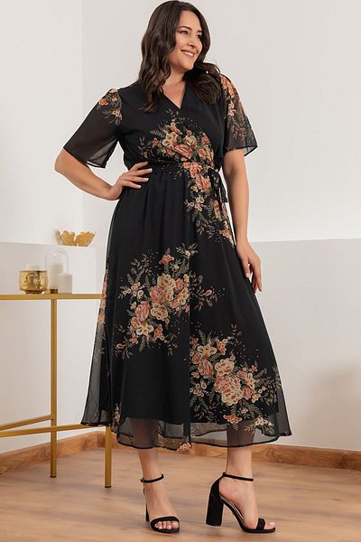 thezkscom Yellow Floral Short Sleeve Lined Plus Size Chiffon Dress Sk