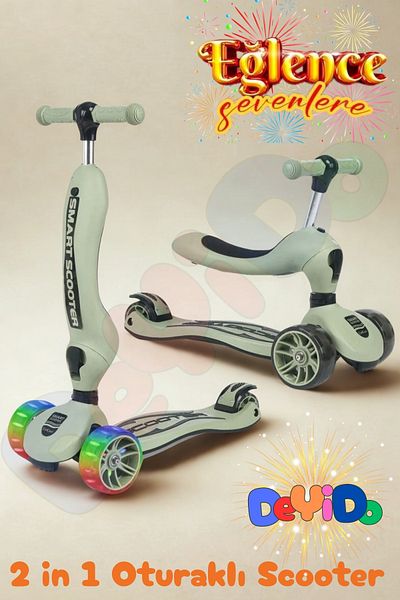 DeYiDo 2 in 1 Seated 3 Wheel Led Lighted Children's Scooter Height Adjustable Fun Skateboard Scooter