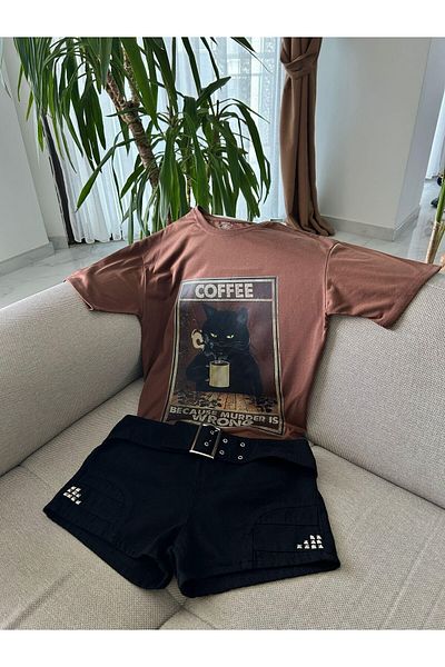 Wisevelya Καφέ μπλουζάκι με στάμπα Coffee Cat