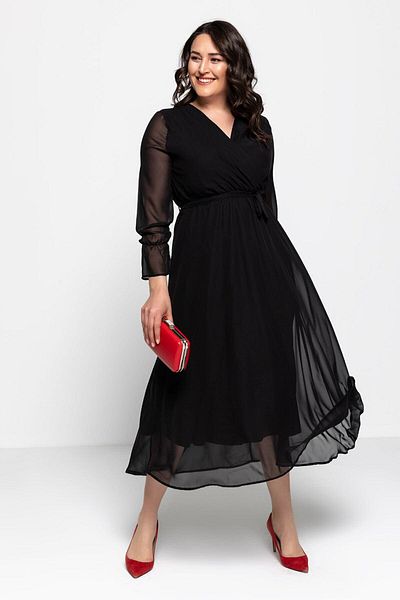 thezkscom Black Plus Size Lined Belted Chiffon Dress