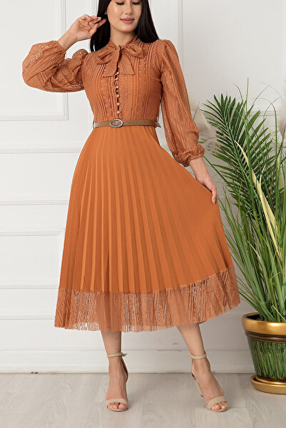 thezkscom Tan Halter Neck French Guipure Pleated Evening Dress