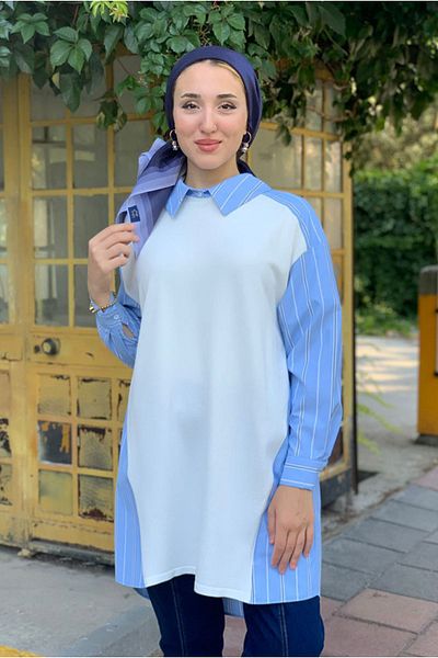 Moda Rosa 25Y4407 - Blue - Knitted Fabric on the Front Poplin Tunic