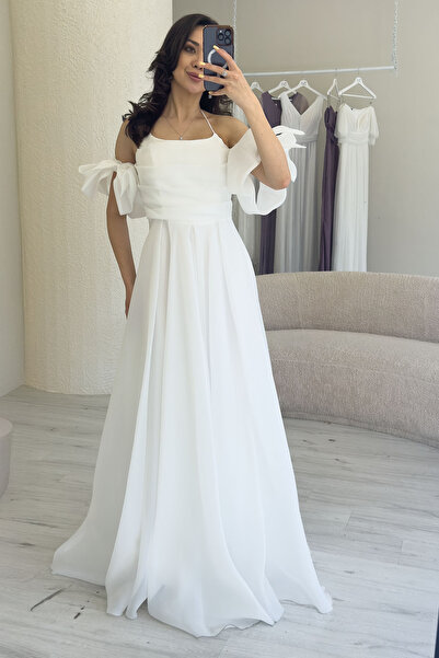 thezkscom Kadın Beyaz Drapeli Boyundan Bağlamalı Fiyonk Kol Detay Organze Abiye Elbise