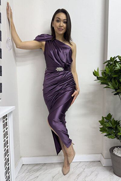 thezkscom Rochie de seară din satin cu un singur umăr, mov, cu centură de piatră