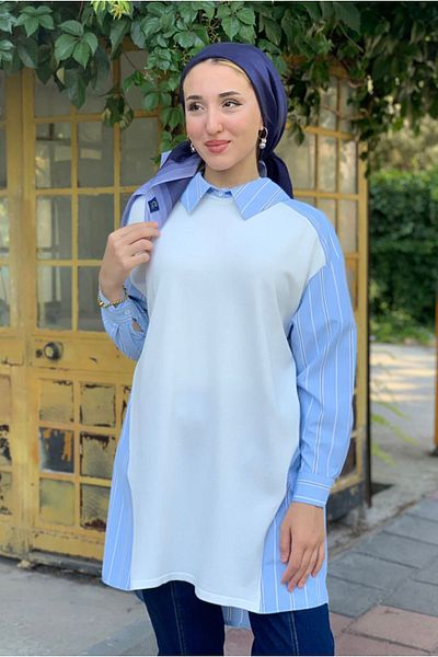 Moda Rosa 25Y4407 - Light Blue - Knitted Fabric on the Front Poplin Tunic