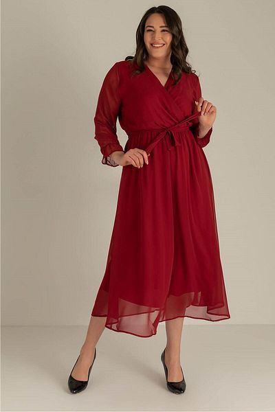 thezkscom Burgundy Plus Size Lined Belted Chiffon Dress