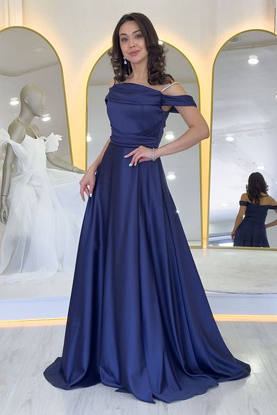 thezkscom Women's Stone Strap Off-Shoulder Satin Slit Evening Dress Black, Navy