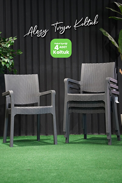 Alezy Troy Rattan Desenli Koltuk Kollu Balkon Bahçe Koltuğu 4'lü Set Antrasit...