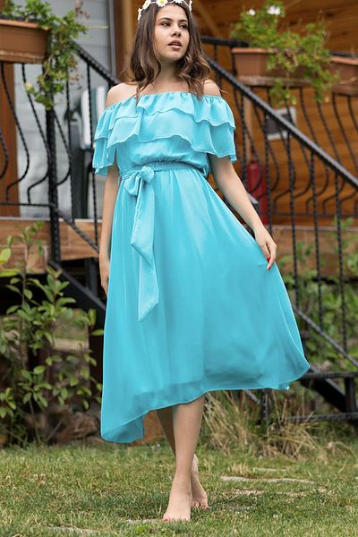 thezkscom Madonna Ruffle Collar Baby Blue Plus Size Chiffon Dress