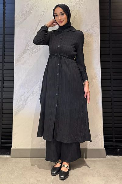 julude Black Self Patterned Waist Tie Detailed Hijab Tunic Trousers Double Set