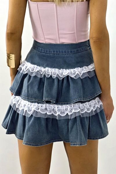 FashionForYou Fustă scurtă din denim Marabu cu volane și dantelă, bleumarin/roz, L