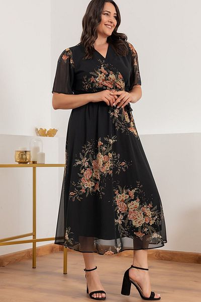 thezkscom Yellow Floral Short Sleeve Lined Plus Size Chiffon Dress Sk