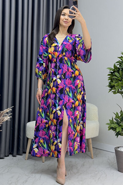 thezkscom Γυναικείο καλοκαιρινό φόρεμα με μωβ λουλούδια από βισκόζη