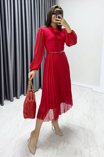 thezkscom Red Halter Neck French Guipure Pleated Evening Dress
