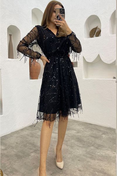 thezkscom Double Breasted Collar Sequin Plus Size Evening Dress