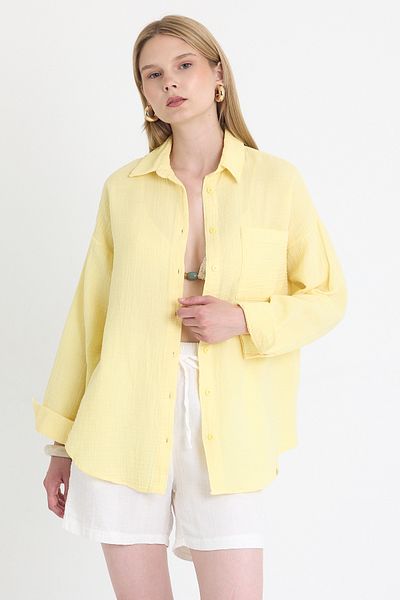 Rays Cămașă oversize din muselină galbenă, 100% bumbac, cu o singură buzunară 4697A